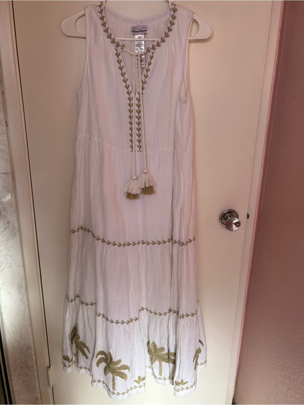 Tommy Bahama White Maxi Dress with Gold Embroidery and Tassel Tie